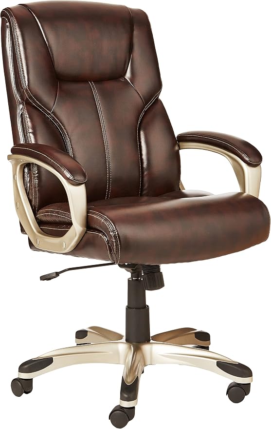 Amazon Basics Executive High Back Office Chair, Adjustable Height, Tilt, Swivel, Padded Armrests, Brown/Gold