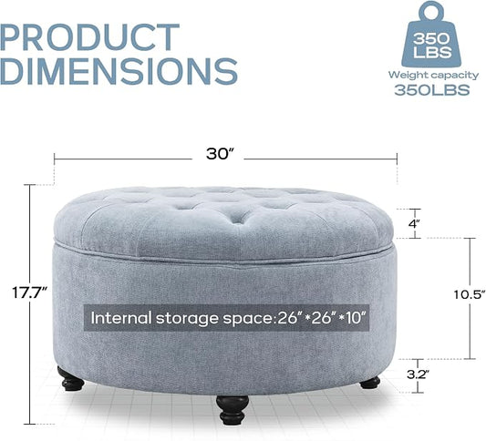 HUIMO 30-Inch Round Storage Ottoman, Modern Button Tufted Ottoman Coffee Table for Living Room, Bedroom and Office(Light Blue)