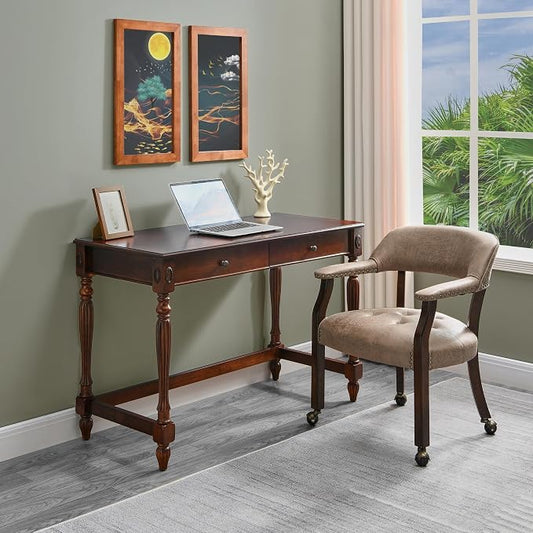 LEEMTORIG Set of 2 Dining Chairs with Casters and Arms, Rolling Dining Chairs with Wheels for Elderly, Ergonomic Wide Seat Wood Office Chair, 26" Dx25.2 W, Espresso Legs&Yellow Brown Fabric SY-318-LT