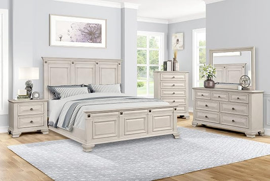 Roundhill Furniture Renova Distressed Parchment Wood Bedroom Set, King Panel Bed, Dresser, Mirror, Nightstand, Chest