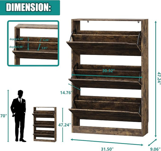 Xixini Shoe Storage Cabinet for Entryway with 3 Flip Drawers, Sturdy Wood Hidden Shoe Storage, Freestanding Narrow Slim Shoe Organizer for Front Door Entrance, Living Room, Hallway, Bedroom, Brown