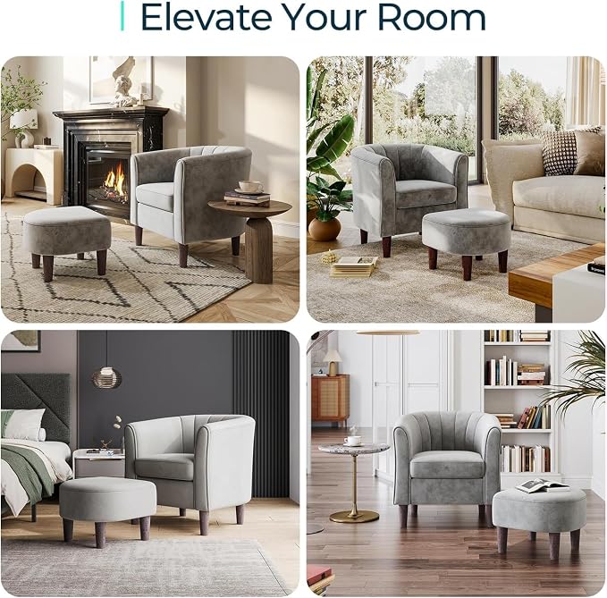 LINSY Accent Chair with Ottoman, Modern Barrel Chair Comfy Armchair Reading Chair with Footrest, Round Arms Chair for Living Room Bedroom Reading Room, Velvet, Light Grey