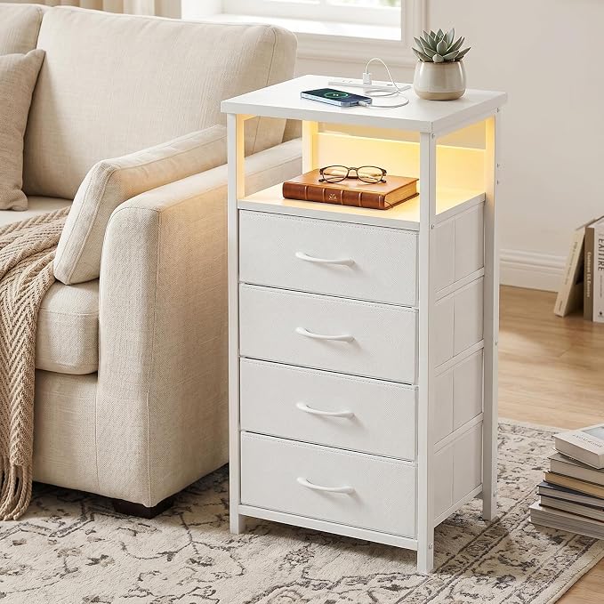 Fixwal Tall Nightstand with Charging Station, Night Stand with U-S-B Ports and Outlets, 4 Fabric Storage Drawers with PU Finish, Small Dresser Bed Side Table, White