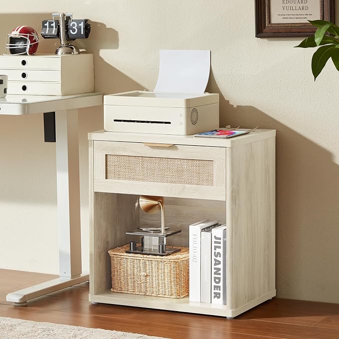 LEYAOYAO Rattan Nightstands Set of 2 with Charging Station, Grey White Night Stand with Drawer, 23" Wide Boho Bedside Table with Storage Shelf, Bed Side End Tables for Bedroom, Living Room, Hallway