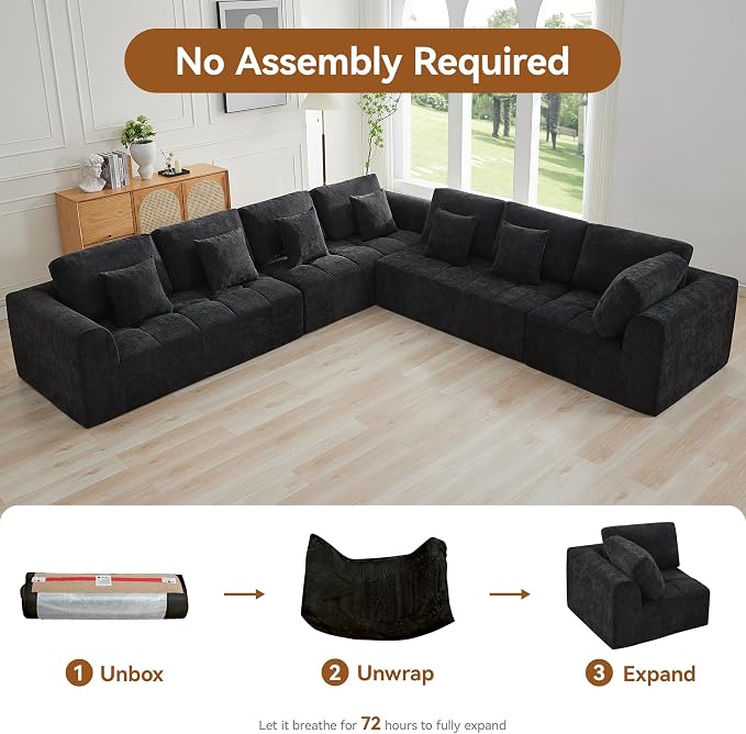 140''Modular Sectional Couches for Living Room, Cloud Boneless Compressed Sectional Sofa, Oversized L Shaped 7 Seater Upholstered Memory Foam Sofa, No Assembly, Chenille Black