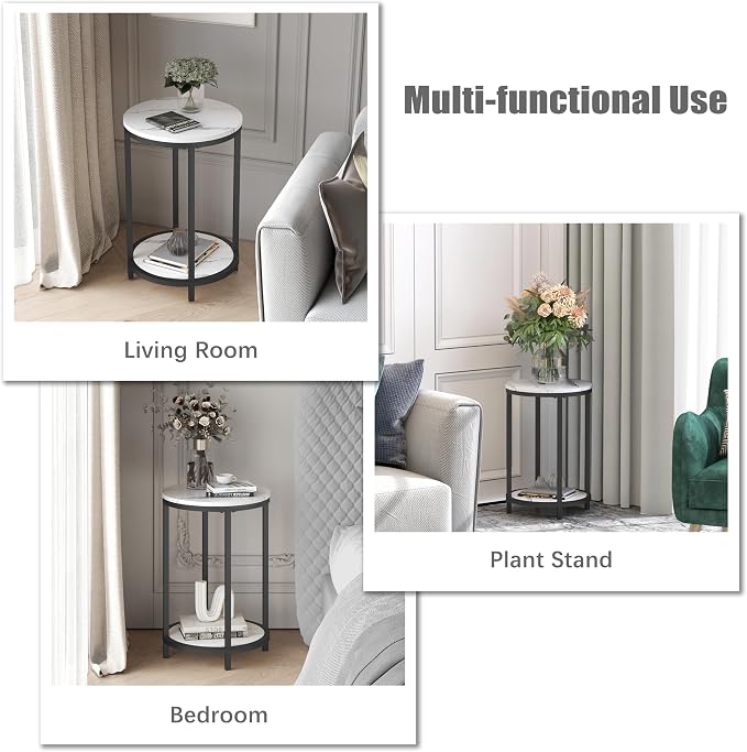 WiberWi Round Side Table, Modern Nightstand End Table with Metal Frame &Faux Marble Top, Accent Bedside Table for Living Room Bedroom Small Spaces with Storage Open Shelf, White