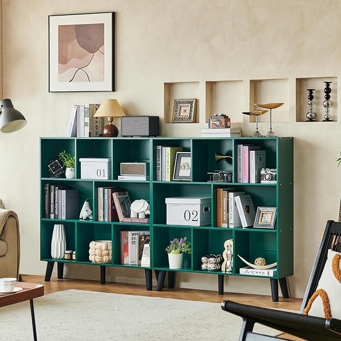 LEYAOYAO 8 Cube Bookshelf,3 Tier Bookcase with Legs,Dark Green Mid-Century Modern Bookshelves,Large Open Storage Organizer Shelf, Wooden Book Case