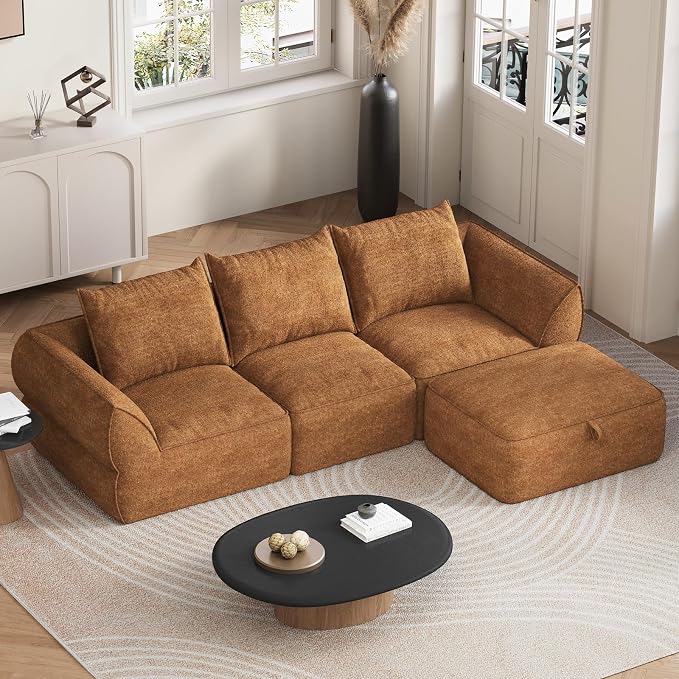 104" Modular Sectional Sofa with Deep Seat, Comfortable Upholstery L Shaped Cloud Couch for Living Room, 3-Seater Boneless Sofa with Movable Ottomans, Removable Cover, No Assembly Required, Orange