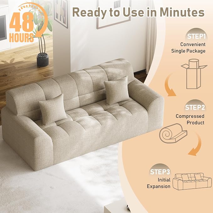 91.5" Modern Boneless Couch for Living Room, Comfy Cloud Sectional Sofa with Deep Seat, Chenille Love Seat Oversized Upholstered 3-Seater Sofa, No Assembly Required Tufted Sofas, Light Brown