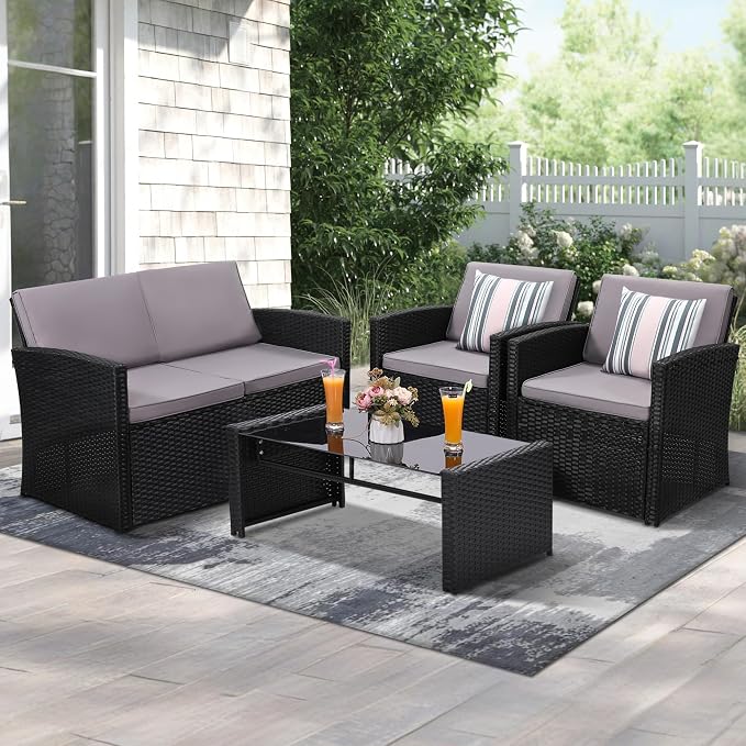KROFEM 4-Piece Patio Furniture Set, Wicker Outdoor Rattan Sectional Sofa with Cushions and Glass Table, All-Weather Outdoor Conversation Set for Garden, Porch, Backyard, Patio, Black and Grey