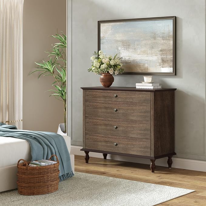 ALEVINE 40" Deep Rustic Brown Accent Chest with 4 Drawers, Farmhouse Wooden Dresser with Copper Handles