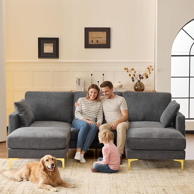 VINGLI 100" W U Shaped Couch with Ottoman, 22" Deep Seat Comfortable Sectional Couches for Living Room, 3 Seater Chenille Fabric Cloud Sofa for Apartment, Small Spaces, Bedroom, Grey