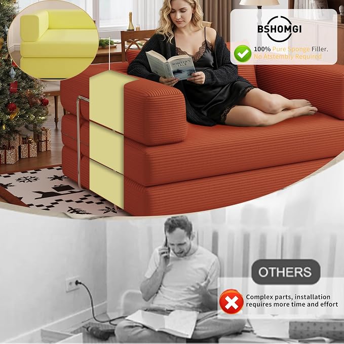 Convertible Futon Sofa Bed, 2 Seater Corduroy Floor Queen Size Bed Foldable Sleeper Lounge Boneless Loveseat Couch with 2 Throw Pillows for Living Room Bedroom Guest Room(Orange, 53.15"Double Sofa)