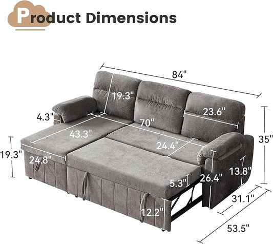 Tbfit 84'' Sleeper Sofa Bed, 3 in 1 Cloud Pull Out Sofa Couch with USB & Storage Chaise, Chenille Convertible Sofa Bed with Pull Out Bed, Couches for Living Room, Apartment, Office, Light Grey