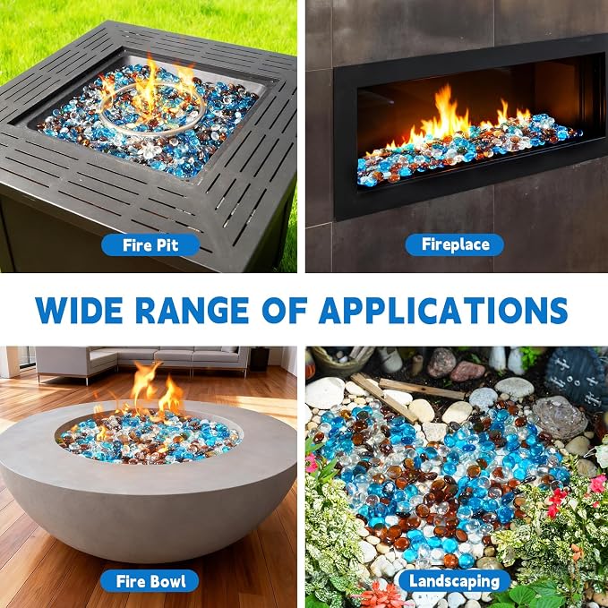 3/4 Inch Blended Fire Glass Beads,20LB Round Fire Glass Beads for Fire Pit Table, Fireplace and Fire Bowl (Caribbean Blue+Crystal Ice+Amber)