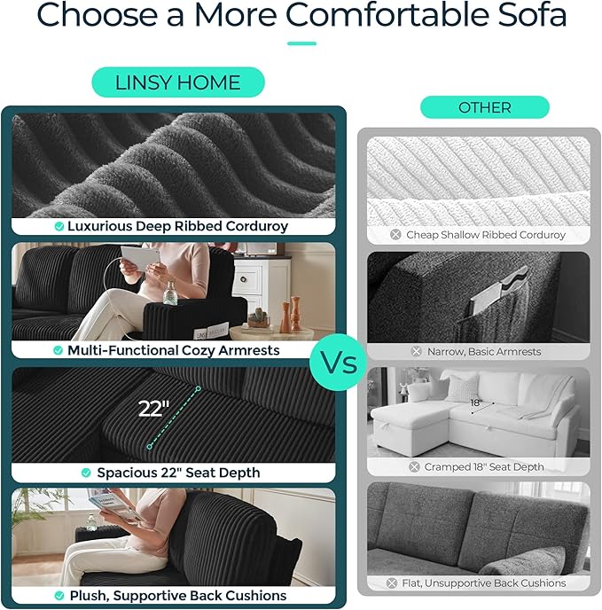 LINSY Home 56" Sectional Couch with Pull Out Bed, Modular Loveseat Sleeper Sofa, Corduroy Convertible Sofa Bed, Cup Holder|USB Charging|Side Pocket, Living Room, Bedroom, Apartment, Black