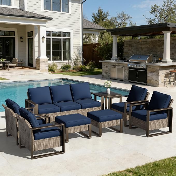 Joyside Outdoor Patio Chairs, 8 Pieces Wicker Rattan Furniture Set, 4 Patio Chairs, 1 Sofa, 2 Ottoman and 1 Table, Metal Wide Armrest, Thick Cushions and Deep Seating for Garden, Backyard, Porch
