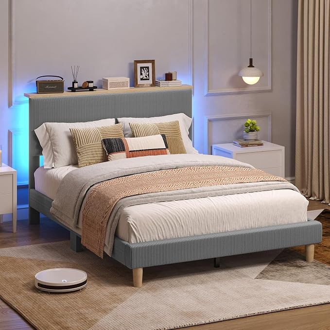 Bestier Queen Bed Frame with Adjustable Headboard & LEDLighting, Corduroy Upholstered Platform Bed Frame withStorage Shelf, Solid Wood Slats, No Box Spring Needed,Never Squeak, Easy Assembly, Grey