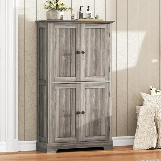 ChooChoo Bathroom Floor Cabinet, Farmhouse Bathroom Storage Cabinet with 4 Doors and Adjustable Shelves, Pantry Cabinet for Living Room, Kitchen, Retro Grey