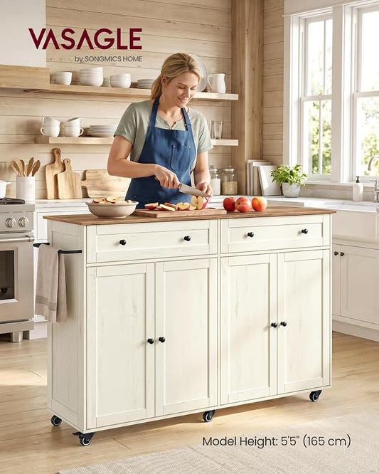 VASAGLE Mobile Kitchen Island, Portable Island on Wheels, Mobile Cart with Storage Cabinet for Dinning Room, 15.8 x 53.7 x 35.1 Inches, Rustic White and Honey Brown UKKI016WJ01S