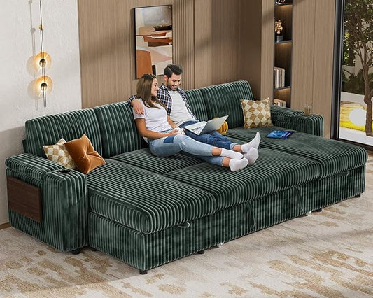 Vipbear 108" Modular Sectional Sleeper Sofa with Pull Out Bed, 4 Seat Plush Corduroy U Shaped Couch with USB Ports|Cup Holders|Side Table|Storage Chaise Armrests, Tool Free Assembly, Green