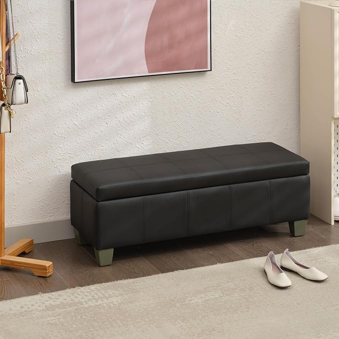 41" Storage Ottoman, Storage Bench with Safety Hinge, Upholstered Synthetic Leather Ottoman Bench for Bedroom, Living Room, Entryway, Hallway, Foot Rest, Support 500lbs, Black