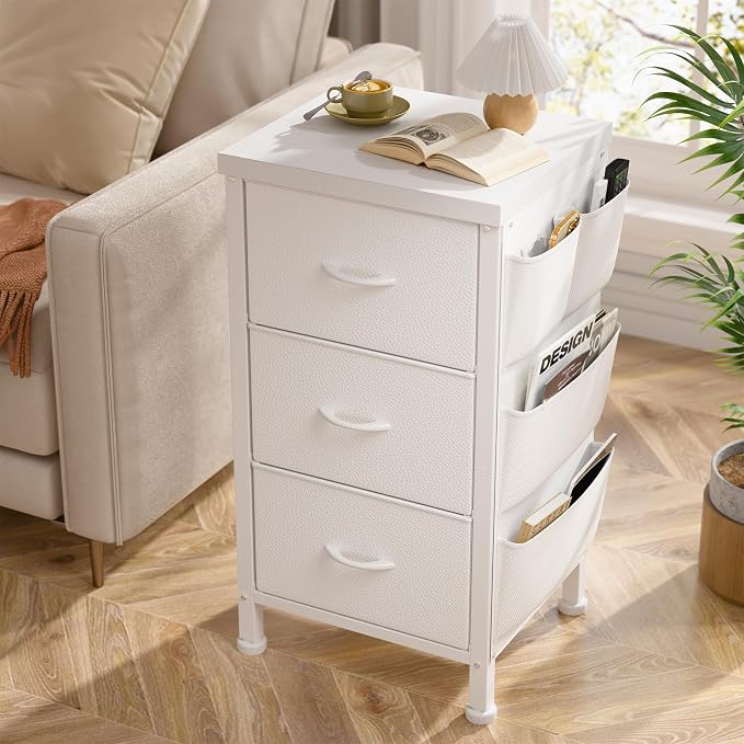 EnHomee Night Stand Set 2, Night Stand with Drawers for Bedroom, Bedside Table with Wooden Top, Sturdy Steel Frame End Table, Dorm Nightstand for Bedroom, Entryway, Hallway, Closet, Cloth Bags,White