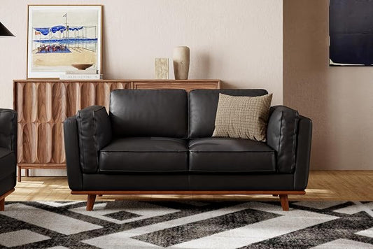 Valencia Artisan Full Leather Loveseat Sofa 66”| Pure Full Italian Nappa Leather Couch, Solid Wood Accent, Ultimate Comfort, Black