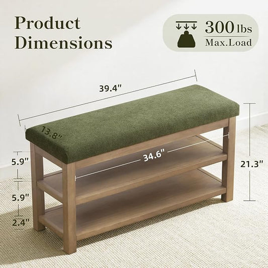 Zihanhome 2 Tier Shoe Rack Bench with Cushion, Solid Wood Shoe Benches, Mid-Century Modern Shoe Storage Bench for Entryway, Hallway, Living Room, Closet, Front Door Entrance, (Green, 39.4")