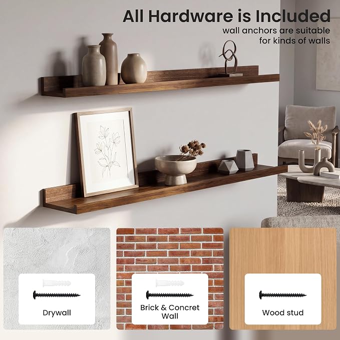 Axeman Picture Ledge Shelf | 40 Inch Floating Shelves Set of 4 | Walnut Wall Shelves with Lip | Walnut Picture Shelf for Wall with Ledge | Wood Photo Ledges for Living Room Bedroom