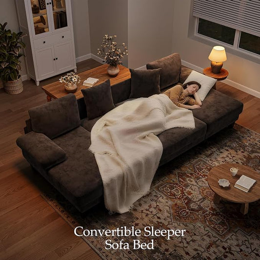 Txtin's Sleeper Sofa with Pull Out Couch Bed | 112 Inch Couches for Living Room | U-Shaped Convertible Sofa Bed | Chenille Brown