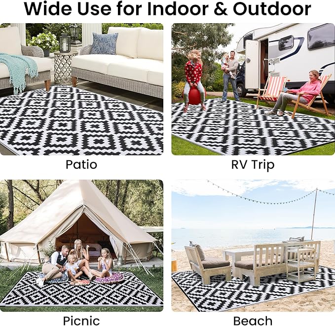 Smiry Waterproof Outdoor Rug 10X14 ft, Reversible Plastic Straw Patio Camping Rugs, Outdoor Indoor RV Mat Carpet for Patio, Outside Entry, Backyard, Deck, Bench, Picnic, Camper, Black & White