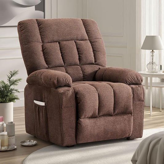 Sweetcrispy Power Lift Recliner Chair with Vibration Massage and Heat for Adults, Ergonomic Overstuffed Breathable Fabric Reclining Chair with Side Pockets, Remote Control, Living Room, Bedroom, Brown