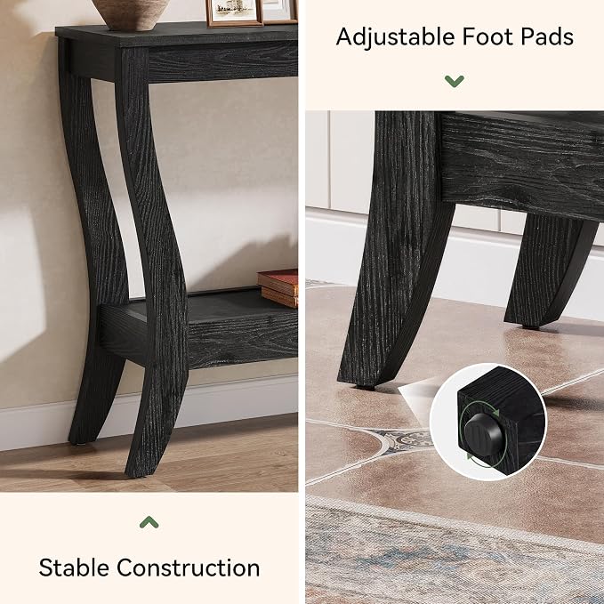 Solid Wood Console Table with Storage, 41.3-Inch Farmhouse Entryway Table with Shelf, 2-Tier Wooden Sofa Table for Living Room, Hallway, Foyer (Black)