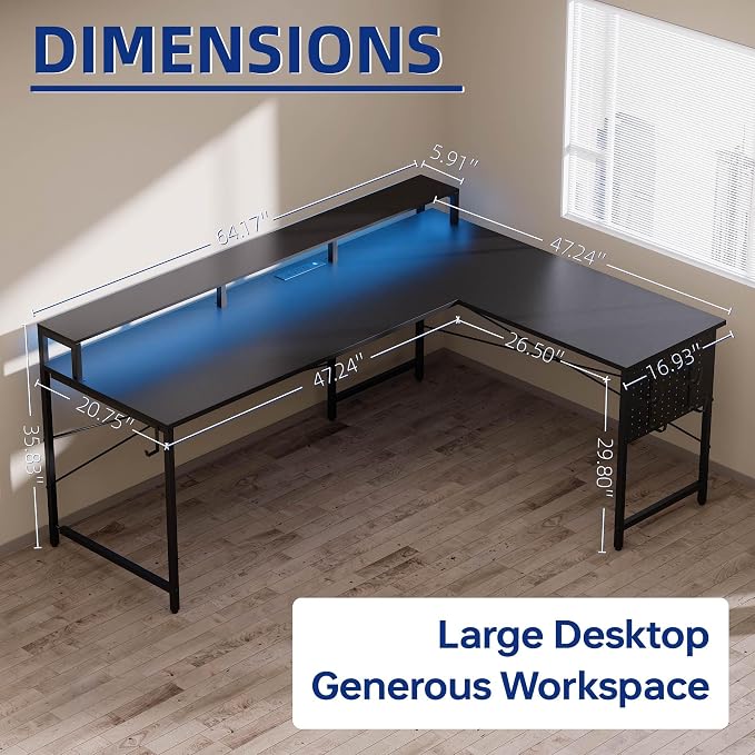 Pamray 64 Inch L Shaped Gaming Desk with Power Outlets and Led Lights, Large Corner Computer Desk with Monitor Stand and Pegboard, PC Table for Home Office and Bedroom Black