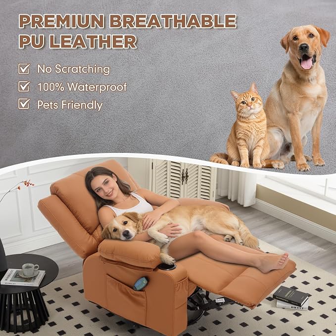 Faux Leather Recliner Chair with Heat and Massage Cup Holder, Overstuffed Swivel Rocker Recliner Chair Rocking Glider Chair Lounge Chair, Orange