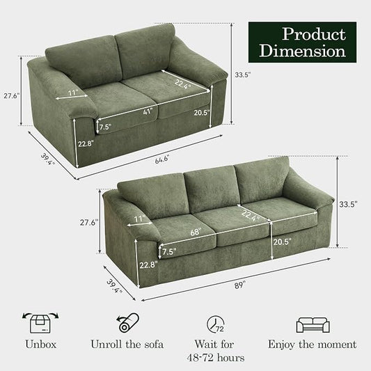 Oversized Boneless Couch Sets, Modern 3 Seater Sofa with 2 Loveseat Sofas, Floor Cloud Couch Sets with Extra Comfy Soft Deep Seats for Living Room, Apartment, No Assemby, Set of 3, Green