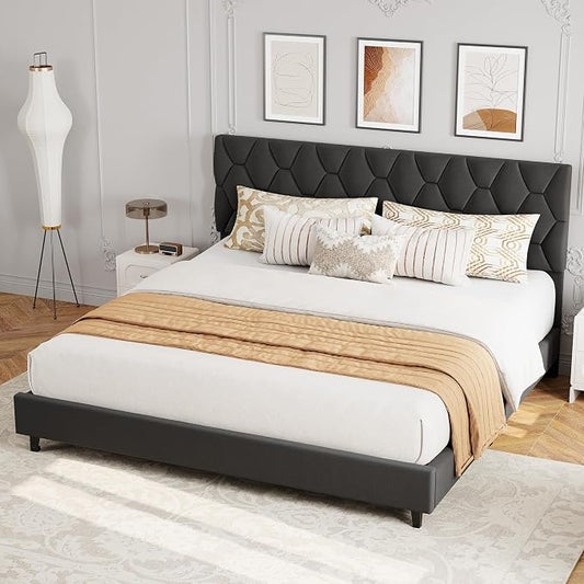 GarveeHome California King Bed Frame with Adjustable Headboard, Modern Linen Upholstered Platform Bed Frame with Wood Slats Support, No Box Spring Needed, Easy Assembly for Bedroom Apartment, Grey