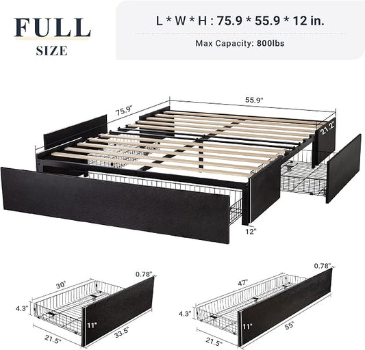 Allewie Full Size Platform Bed Frame with 3 Storage Drawers, Faux Leather Upholstered, Wooden Slats Support, No Box Spring Needed, Easy Assembly, Black