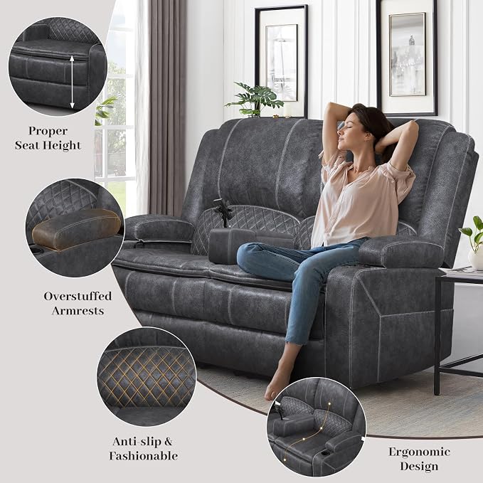 Yolsali Loveseat Recliner Sofa, Manual Wall Hugger Reclining Loveseat with Removable Armrest, 2-Tier Cushions, USB Ports & Cup Holders, RV Couch for Travel Trailers/Living Room, Velvet Gray