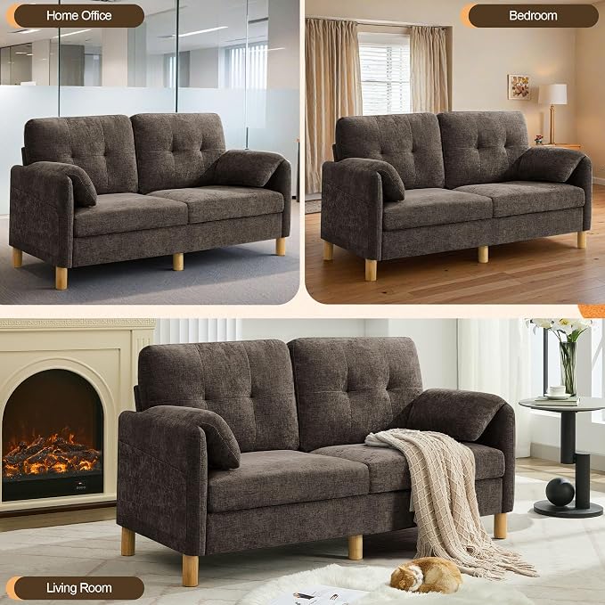 WUTUTUEE 65" Chenille Loveseat Sofa, Modern 2-Seater Love Seat Couch with Armrest Pillows, Storage Pockets, Easy Assembly, Upholstered Tufted Loveseat Couches for Living Room Bedroom, Brown