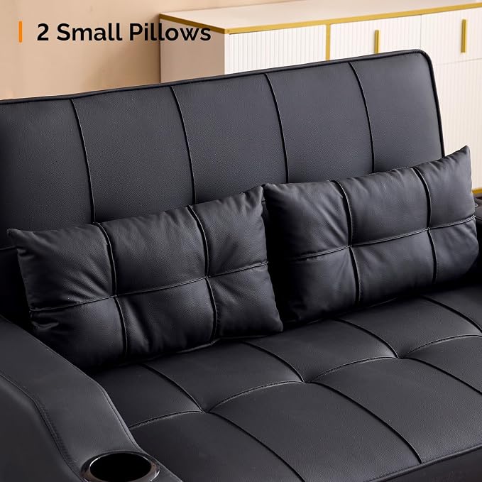 VINGLI Convertible Loveseat Sleeper Sofa, Black Faux Leather Futon Sofa Bed Pullout Couch Bed with USB Ports, Cup Holders, Armrest for Living Room, Bedroom, Home Office Apartment