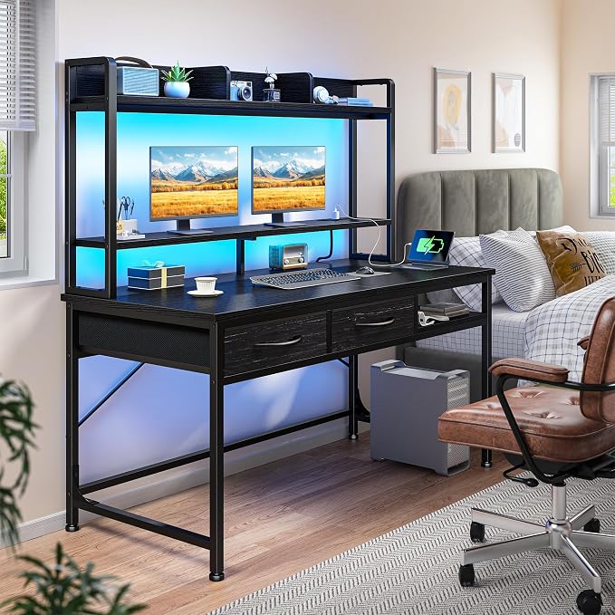 DurayLoly Computer Desk with Shelves and Drawers for Bedroom,Black | Neck&Waist Strain Relief Monitor Stand, Vision-protect RGB LED Suited for Students&Office Sitters
