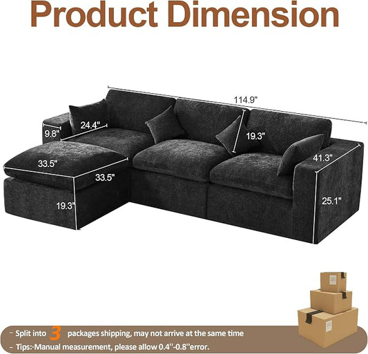 115''Cloud Boneless Sectional Couch, Modular Sectional Sofa Deep Seat with Ottoman, Oversized Upholstered Convertible Comfy 4 Seater Chenille Sofa L Shape Couches for Living Room, Dark