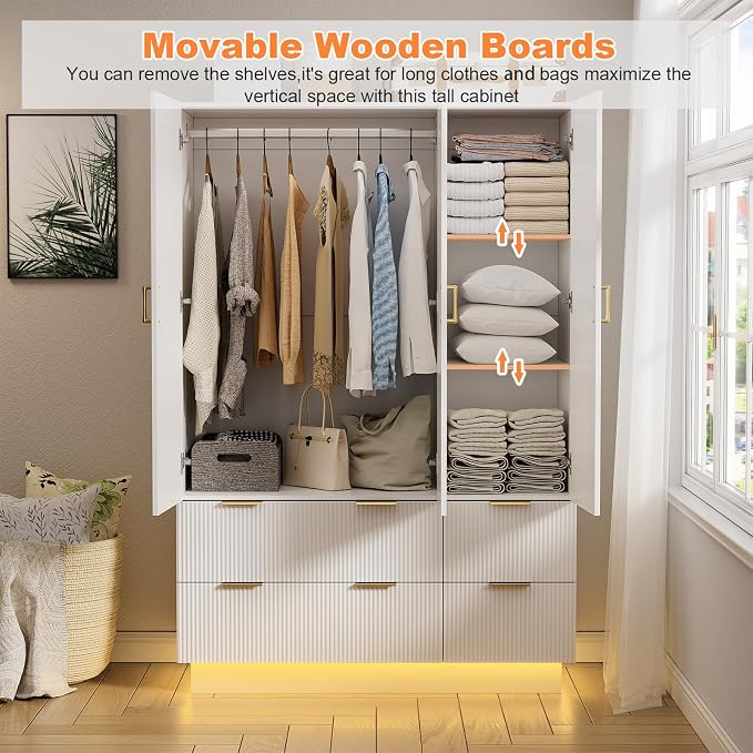 PAKASEPT Armoire Wardrobe Closet with 3 Door, Mirror, LED Lights | Hanging Rod, Drawers, Bedroom Armoires - Large Capacity Storage Wardrobe Armoire for Bedroom