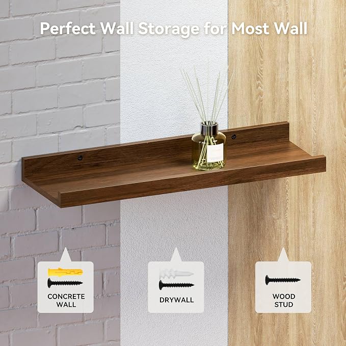 Boswillon Floating Shelves Set of 2, Farmhouse Wall Shelves with Lip, Display Picture Ledge Shelf for Bedroom, Living Room, Bathroom, Kitchen - Walnut