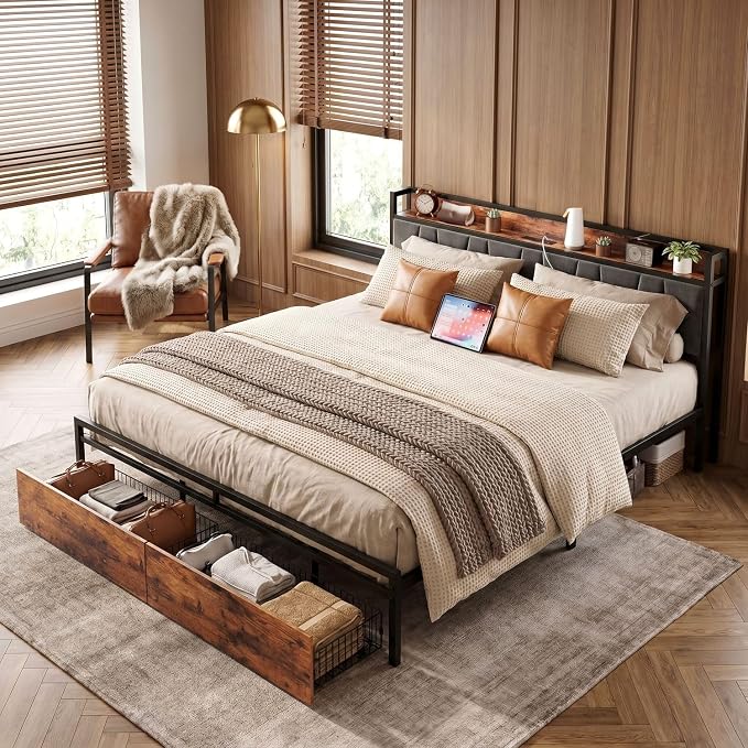 LIKIMIO King Size Bed Frame with 2 Drawers and Charging Station | Platform Bed with Upholstered Storage Headboard, No Box Spring Needed, Easy Assembly, Sturdy, Industrial Brown and Gray