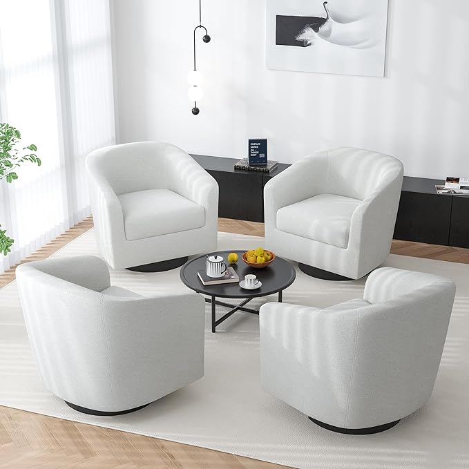 Swivel Barrel Accent Chair, Modern Round Chenille Fabric Arm Chair for Living Room, Bedroom, Comfy Club Reading Chairs for Adults(Chenille Fabric, Beige, Set of 2