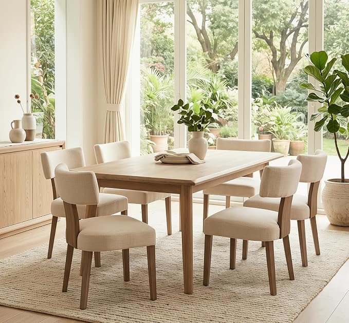RIVOVA Mid Century Modern Dining Chairs Set of 4 Upholstered Linen Fabric Dining Chairs Curved Backrest Farmhouse Dining Room Chairs Kitchen Chairs with Wood Legs, Beige
