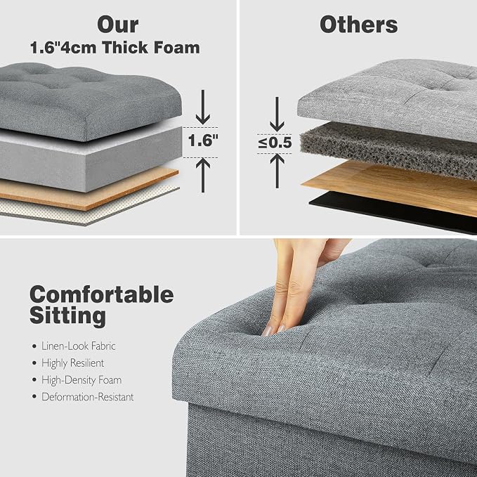 Ottoman with Storage, 61L Slim Tall Linen Footstool Bench with Thicker Foam Padded Seat. Ottoman Foot Rest for Living Room, Bedroom, Coffee Table. 350lbs Load Capacity, 17x13x17in, Light Gray
